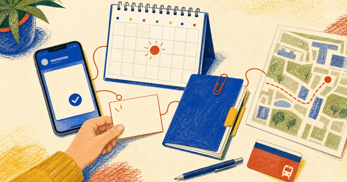 Editorial illustration of a phone, calendar, records folder, and hospital campus map for appointment planning