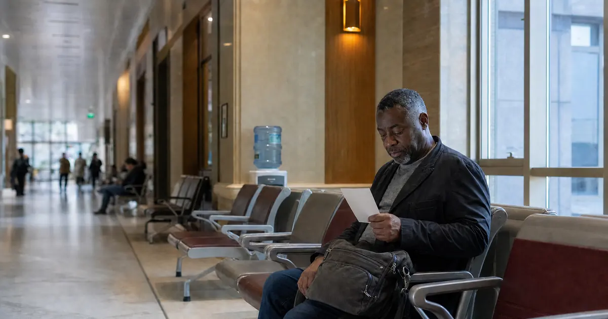 Black European man reviewing a medication list in a hospital waiting corridor