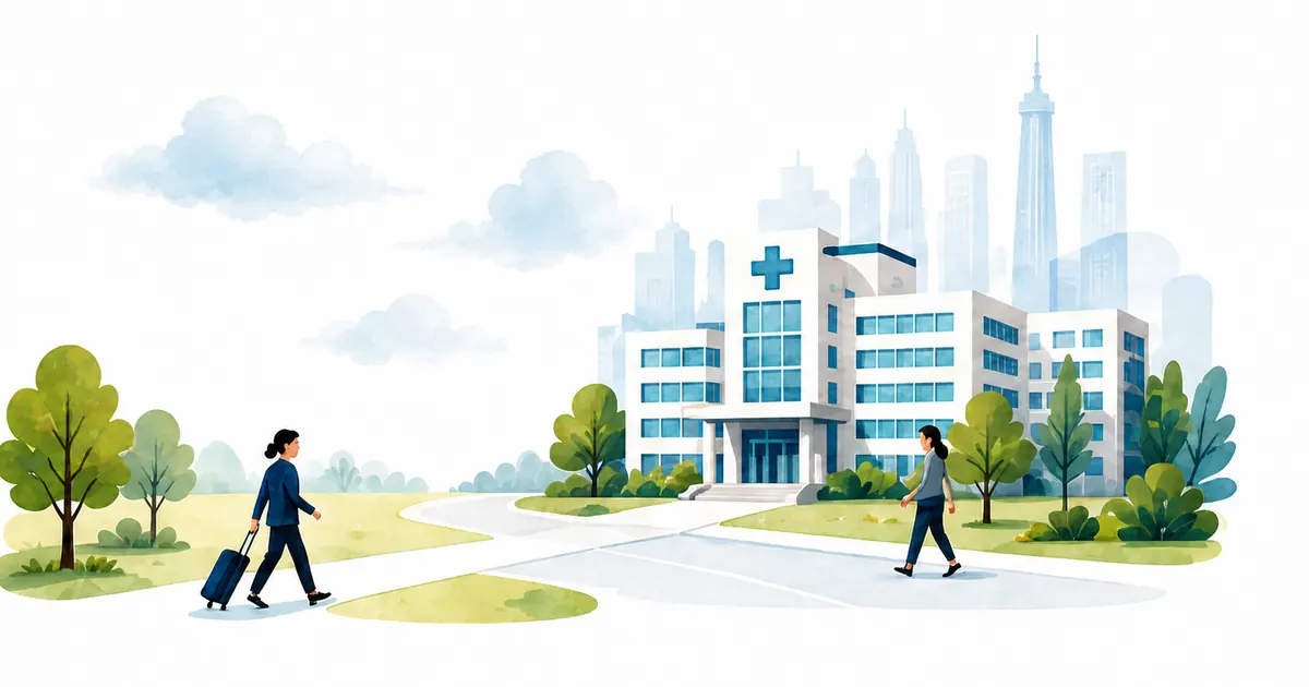 International visitors approaching a hospital under soft watercolor clouds
