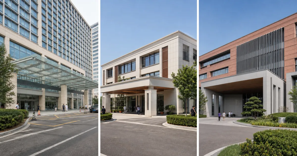 Three generic hospital settings illustrating public international, private, and specialist care pathways in China