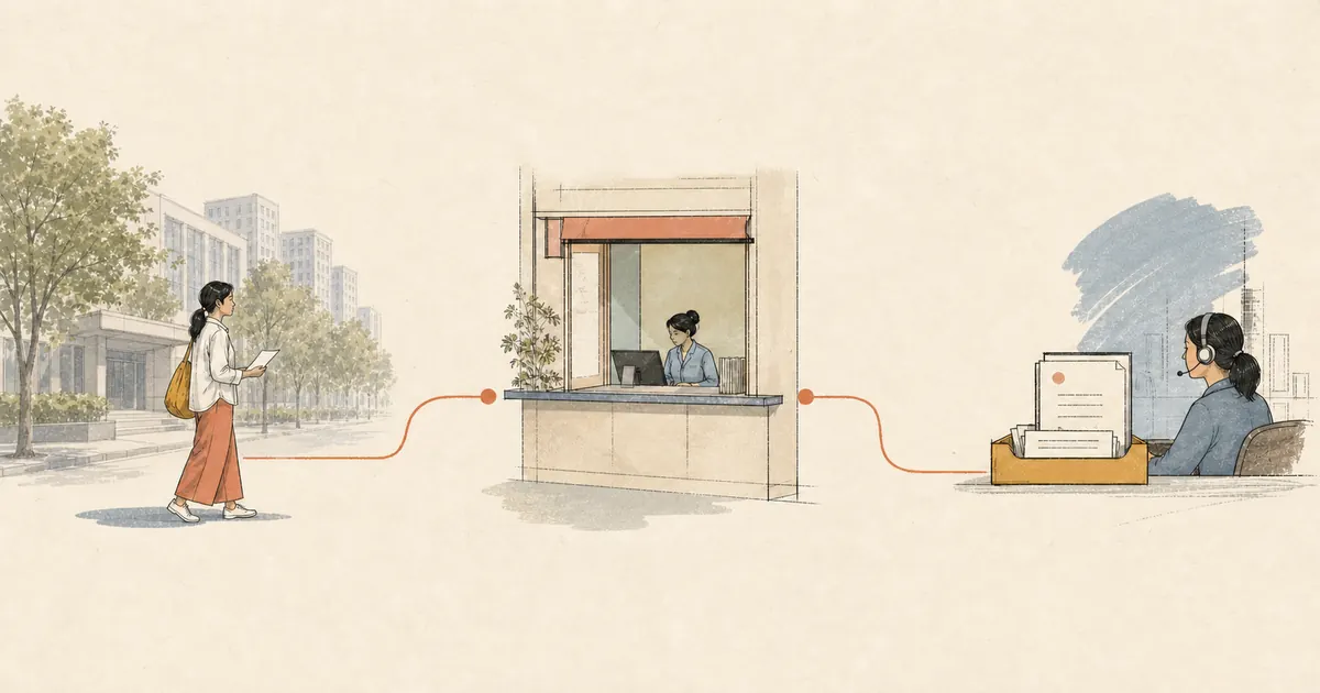 Editorial illustration connecting a patient, hospital admissions desk, and insurance service