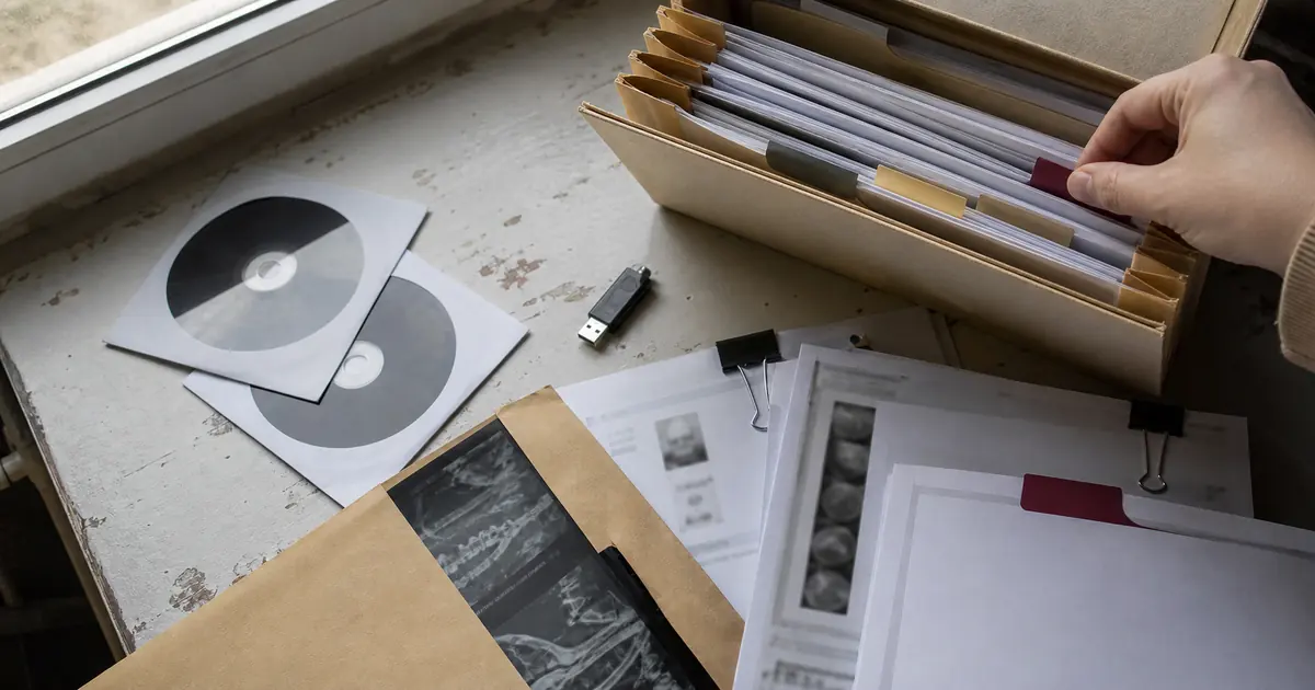 Medical records, imaging discs, and translated files organized in a tabbed folder