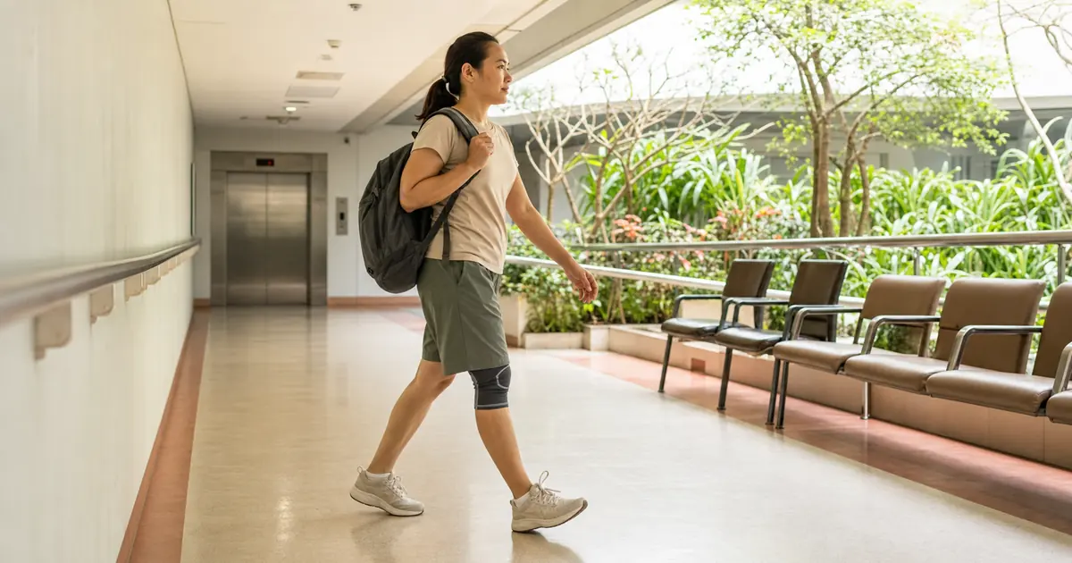 Southeast Asian woman wearing a knee support walking through a hospital corridor