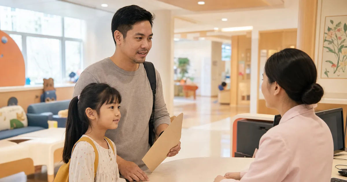 Editorial scene of a Southeast Asian father and school-age child checking in at a pediatric hospital