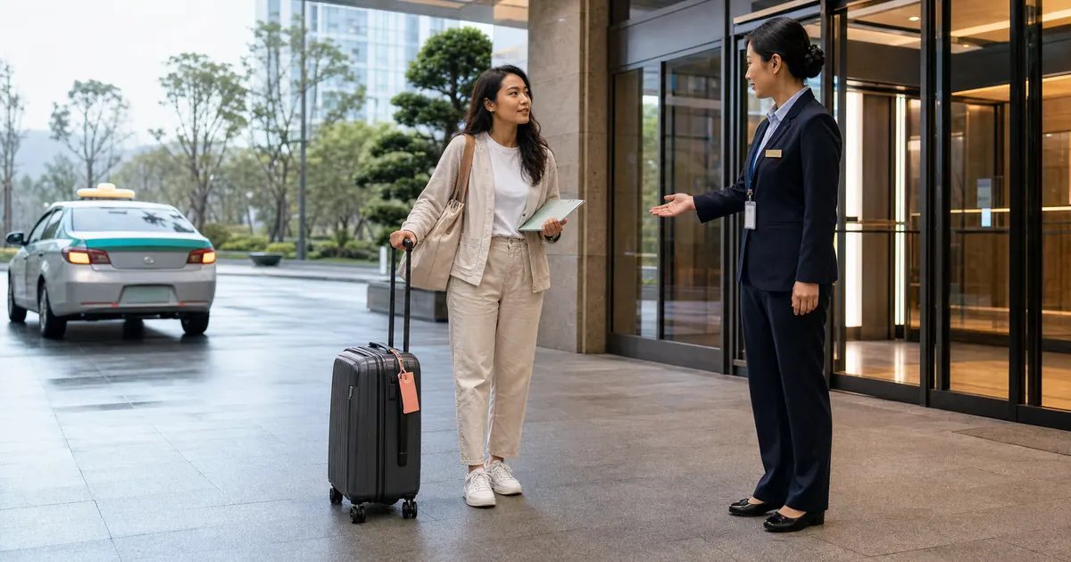 International traveler arriving at a hospital in China with luggage and medical records
