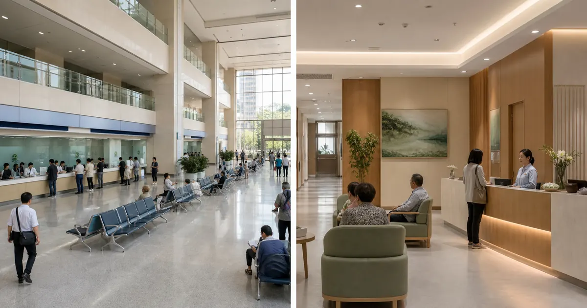 Side-by-side view of public and private hospital reception areas in China